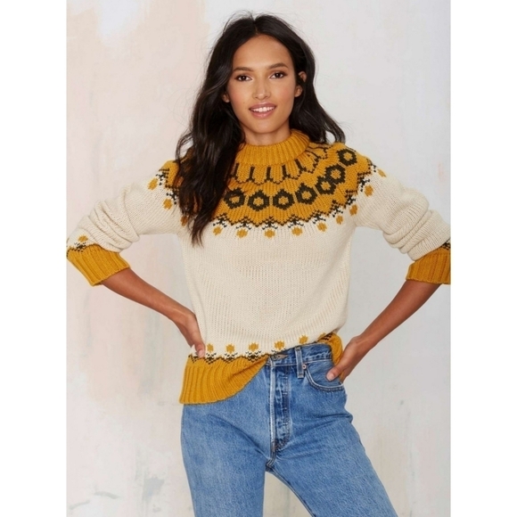 Nasty Gal J.O.A. Malia Mock Neck Sweater JOA Chunky Knit Fair Isle - Picture 6 of 16